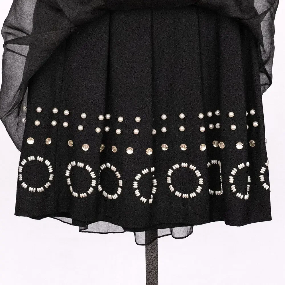 DKNY Sheer Black Silk Over Beaded Wool Skirt Size 2 Artsy Elegant Event Whimsy